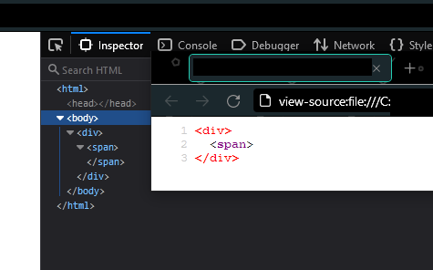 Screenshot from Firefox's Inspector showing the DOM with a span that has a closing span tag, yet the source does not have that closing tag